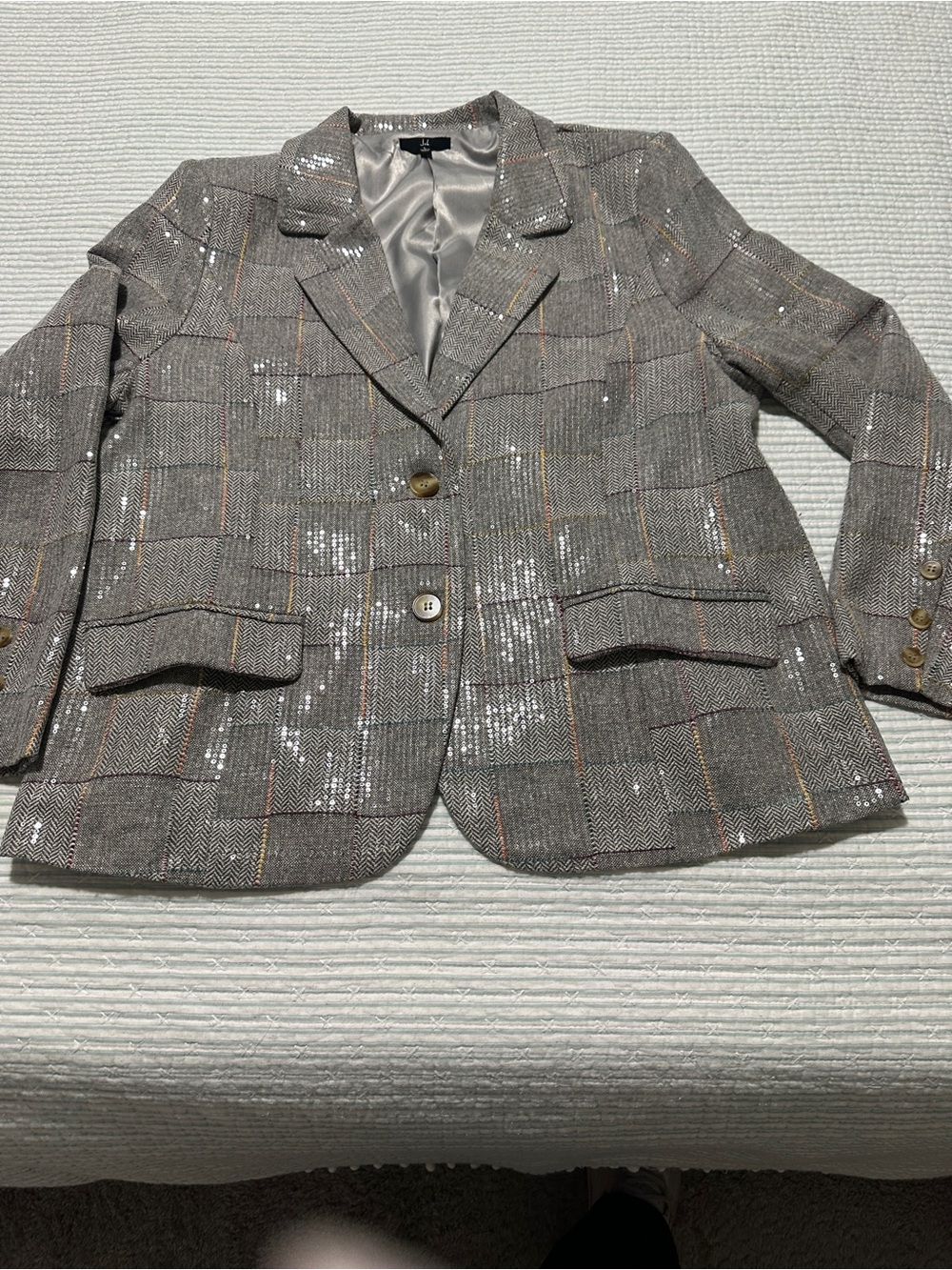 Sequined Gray Plaid Wool Blend Blazer Jacket with Pops of Color